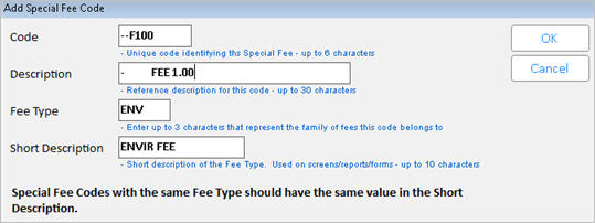 POS Special Fees: Set up Special Fee Codes